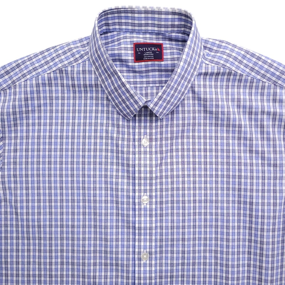 UNTUCKit Shirt Mens Large Wrinkle Free Blue White Check Long Sleeve Button Up